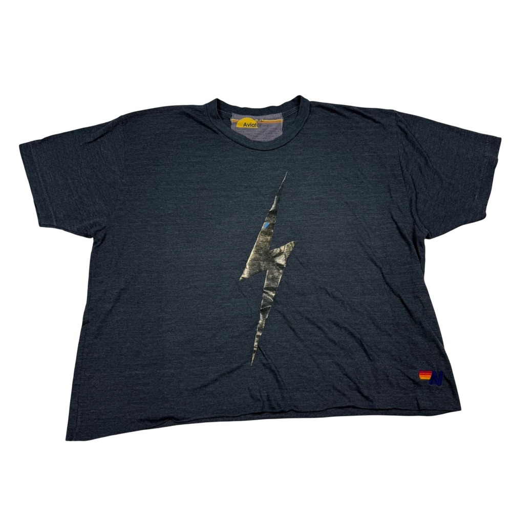 Aviator Nation Charcoal Gray Lightning Bolt Cropped T-Shirt XL Metallic Gold Tee